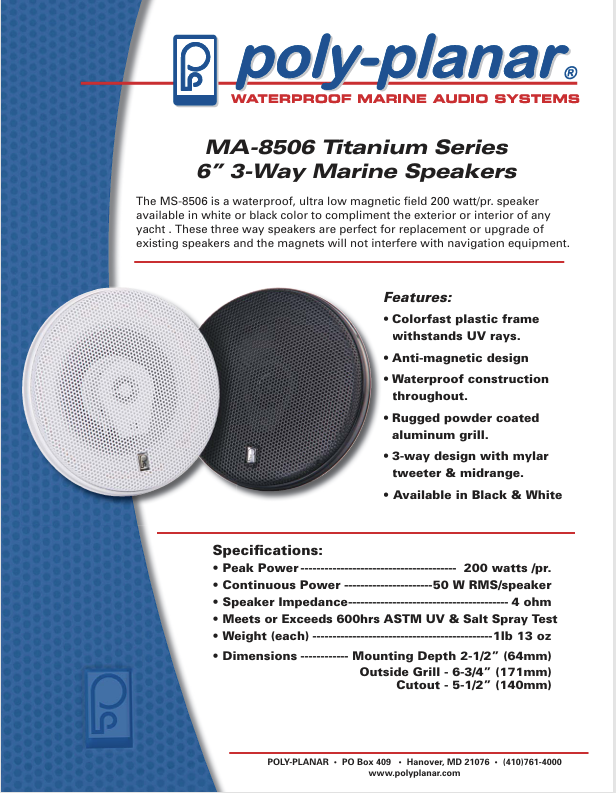 Poly Planar 6in 3-Way Titanium Series Speakers - Pair (MA8506-W) - Image 2