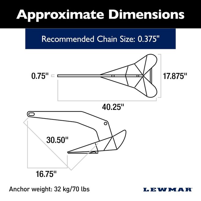 Lewmar DTX Stainless Steel Anchor - 70lb (0057232) - Image 2
